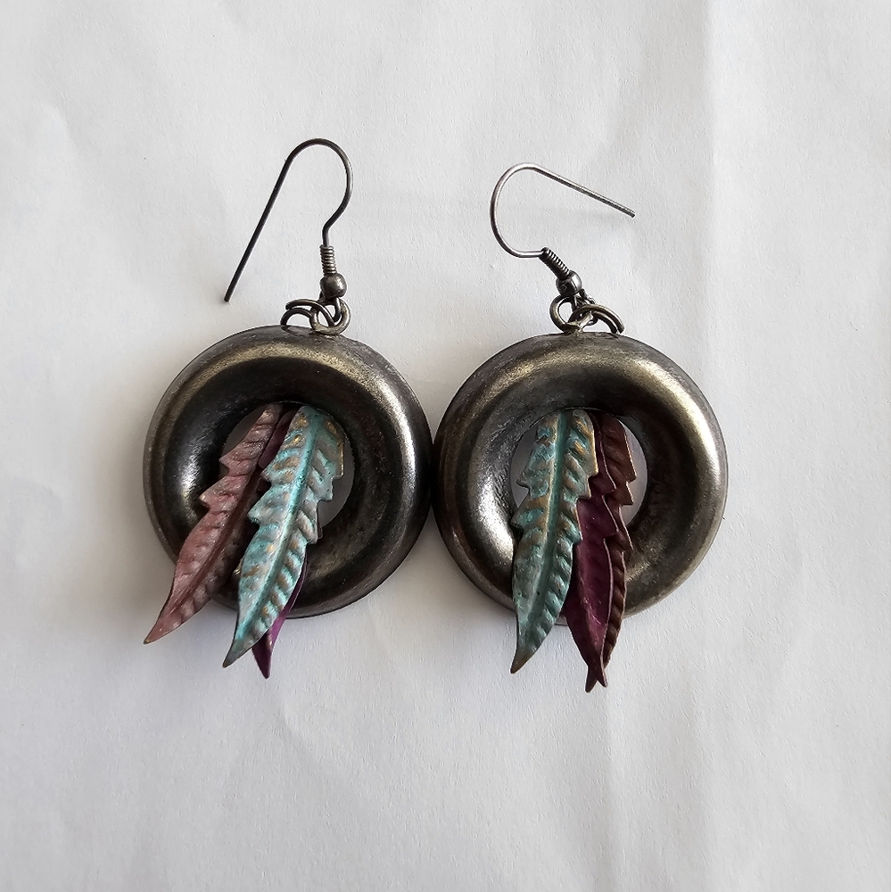 Southwestern native deco feather leaf silver dangle hoop earrings